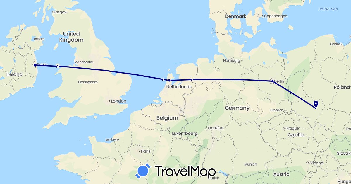 TravelMap itinerary: driving in Germany, Ireland, Netherlands, Poland (Europe)